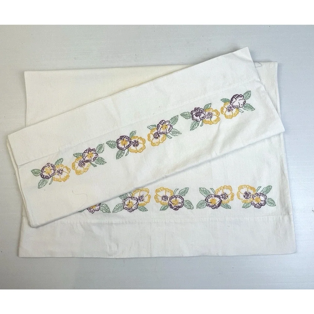 VIntage Stamped Embrodierey Pillow Cases Floral Pansy 30 x 21 White Cotton